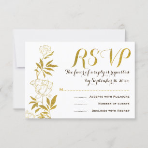 Gold foil vintage peonies floral wedding RSVP Card