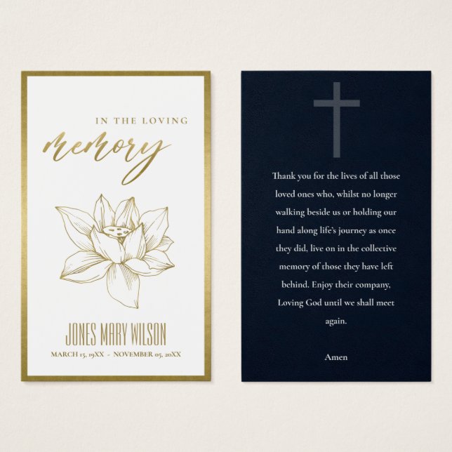 GOLD FOIL WATER LILY SYMPATHY MEMORIAL PRAYER CARD (Front & Back)