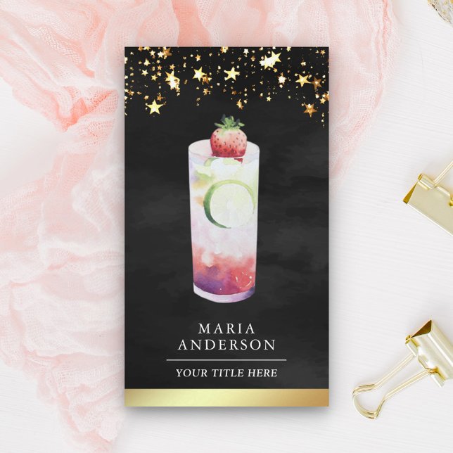 Gold Foil Watercolor Colourful Fruit Juice Mocktai Business Card (Creator Uploaded)