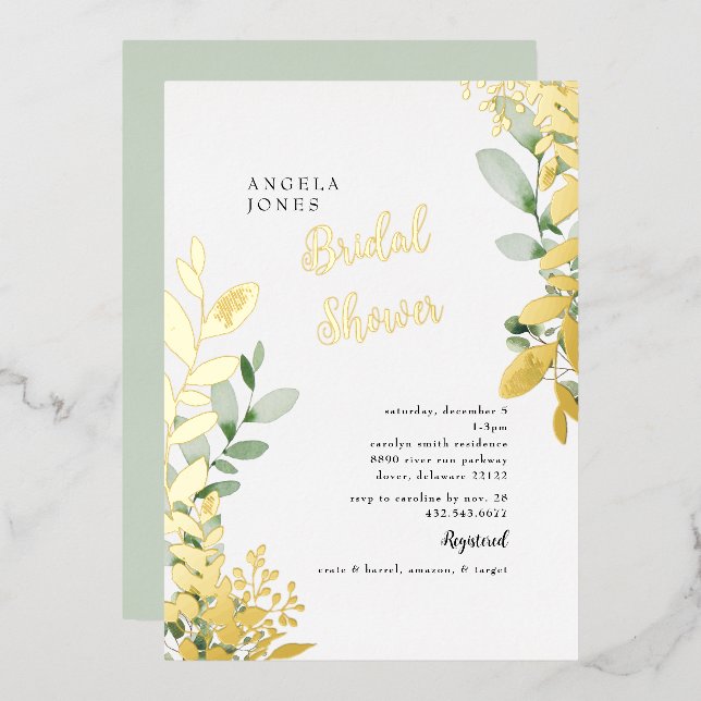 Gold Foil Watercolor Foliage Mint Bridal Shower  (Front/Back)