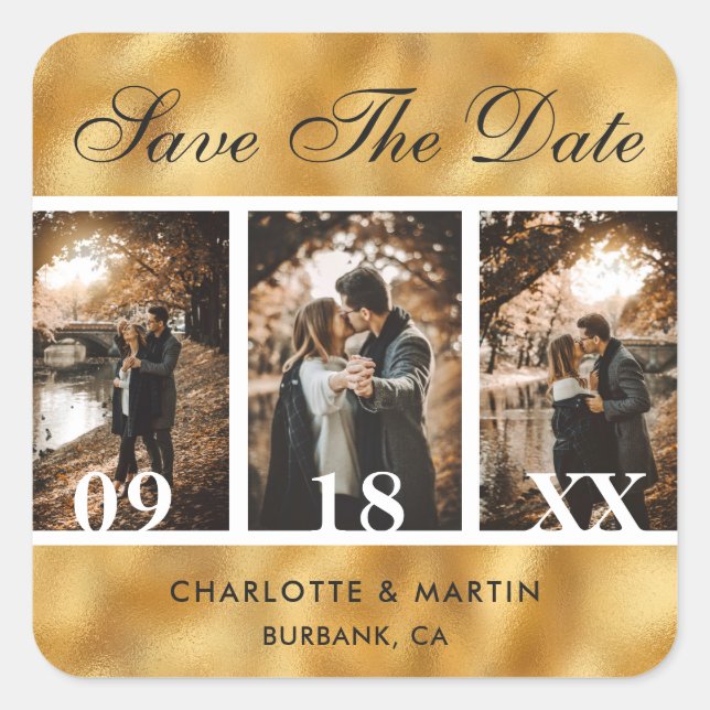 Gold Foil Wedding Photo Save The Date Stickers (Front)