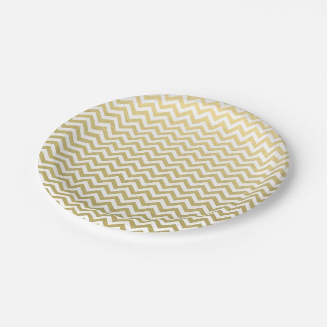 Gold Foil White Chevron Pattern Paper Plate (Angled)