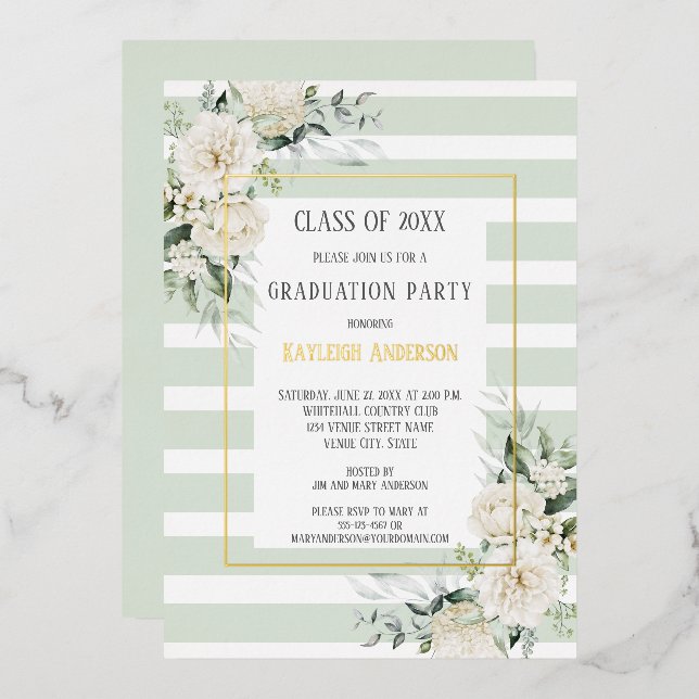 Gold Foil White Floral Eucalyptus Graduation Party (Front/Back)