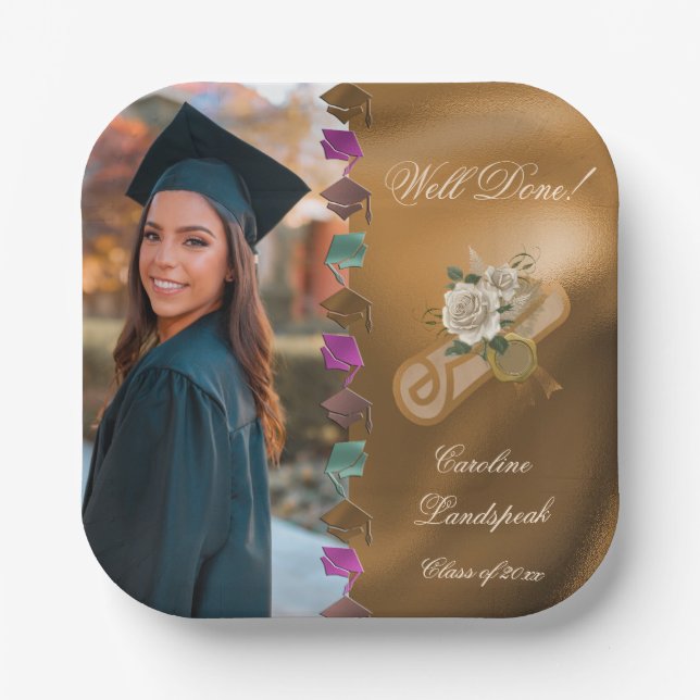 Gold Foil White Flowers, Graduate Photo Paper Plate (Front)