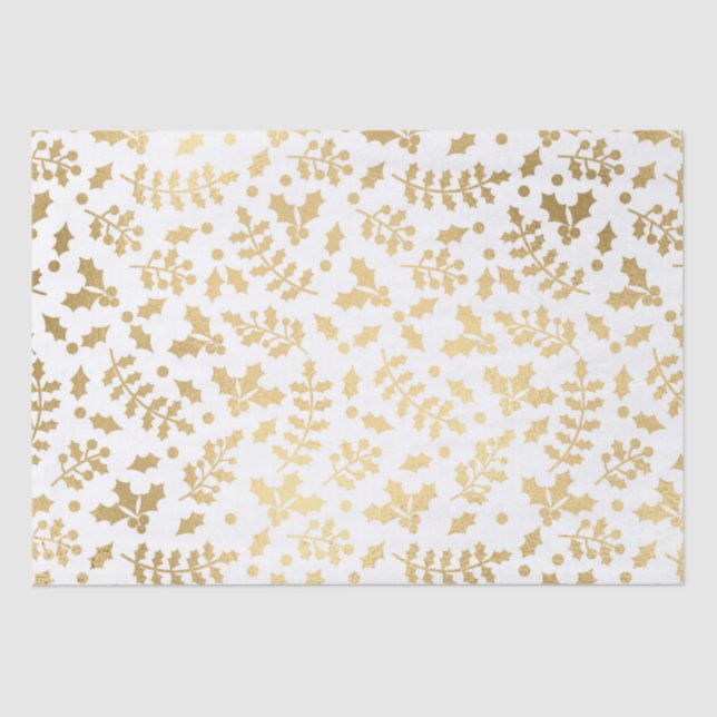 Gold Foil & White Holly Winter Christmas Tissue Paper (Front)