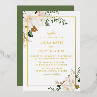 Gold Foil white magnolia floral wedding invitation