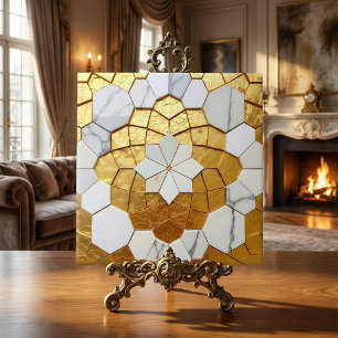 Gold Foil & White Marble Geometric Mosaic Art Deco Tile