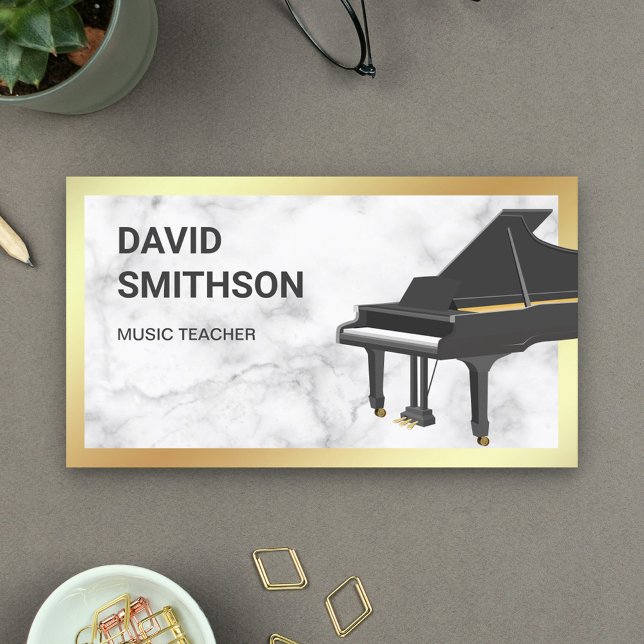 Gold Foil White Marble Grand Piano Teacher Pianist Business Card (Creator Uploaded)
