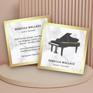 Gold Foil White Marble Grand Piano Teacher Pianist Square Business Card