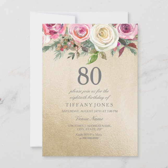 Gold Foil White Pink Rose 80th Birthday Invite (Front)