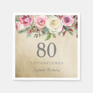 Gold Foil White Pink Rose 80th Birthday Napkin