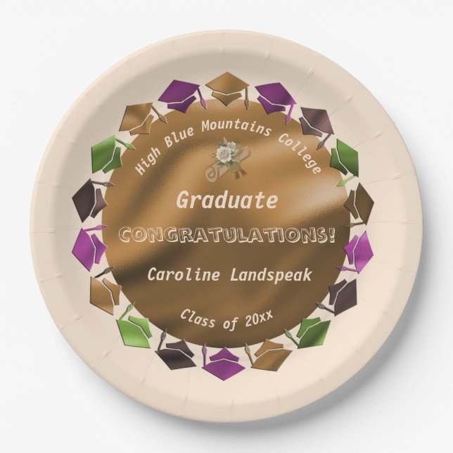 Gold Foil White Roses Graduate 2025 Paper Plate (Front)