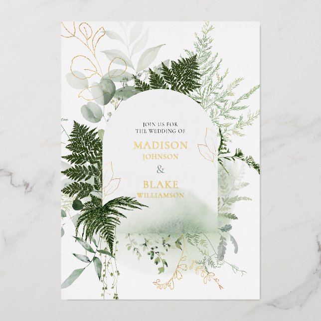 Gold Foil Wild Fern Greenery Watercolor Wedding (Front)