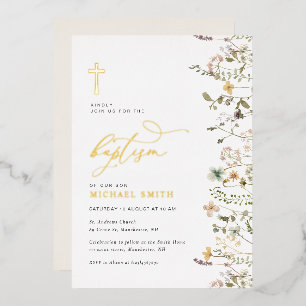 gold foil wildflower baptism invitation