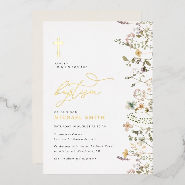 gold foil wildflower baptism invitation (Front/Back)