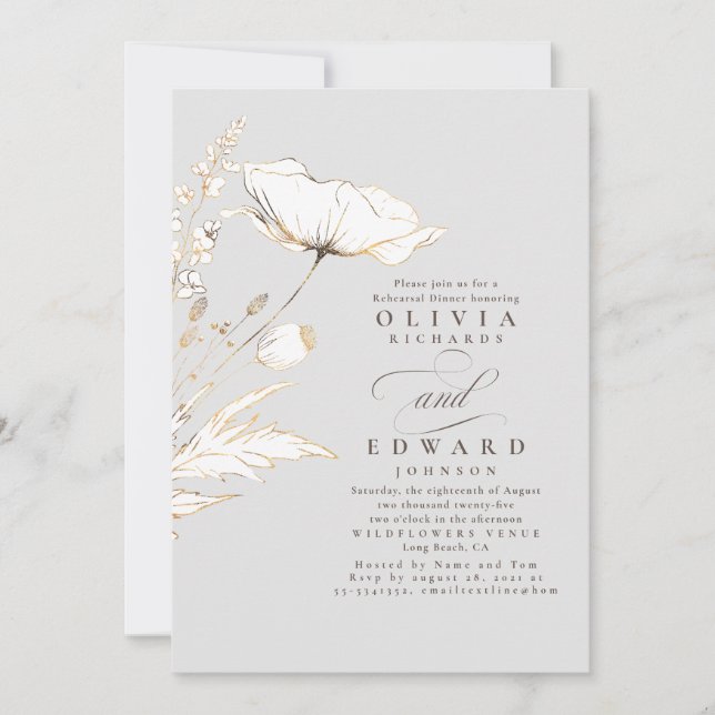 Gold Foil Wildflowers Light Grey Rehearsal Dinner Invitation (Front)