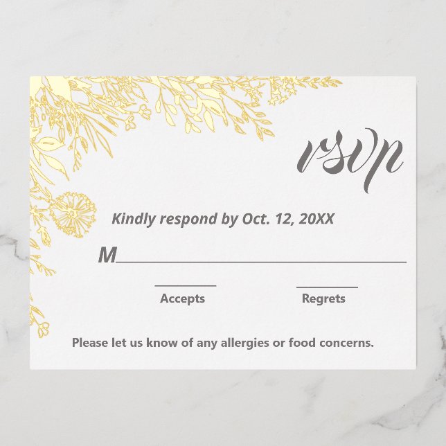 Gold Foil Wildflowers Wedding RSVP  Foil Holiday Postcard (Front)