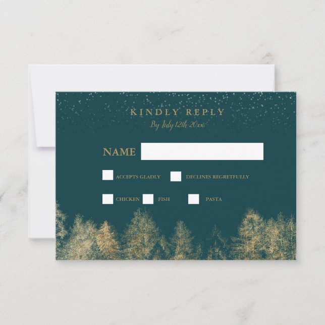 Gold foil Winter snow green pine tree rsvp wedding Card (Front)