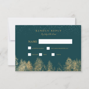 Gold foil Winter snow green pine tree rsvp wedding Card