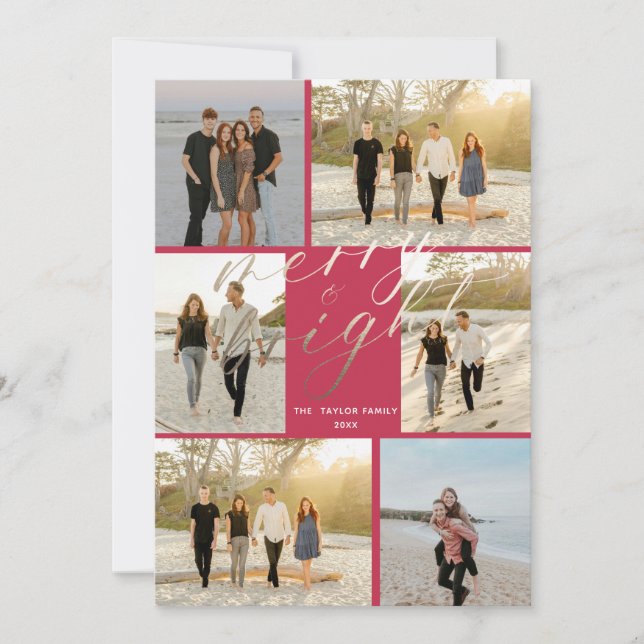 Gold Foil with Pink Plaid Merry and Bright  Holiday Card (Front)