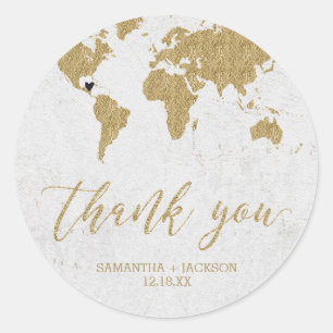 Gold Foil World Map Destination Monogram Wedding Classic Round Sticker