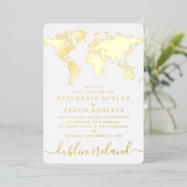 Gold Foil World Map Destination Wedding (Standing Front)