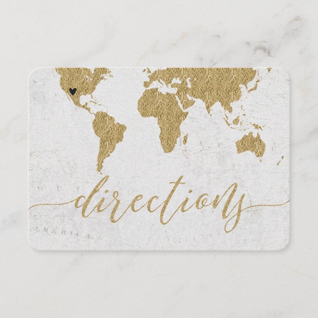 Gold Foil World Map Destination Wedding Directions Enclosure Card (Front)