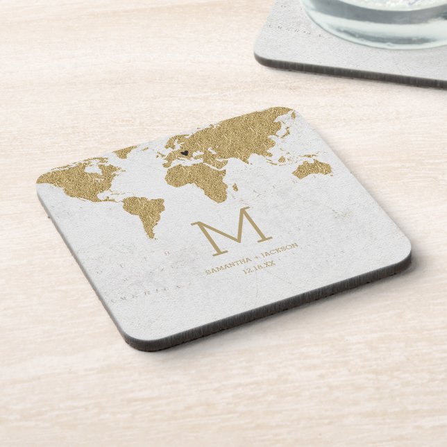 Gold Foil World Map Destination Wedding Monogram Coaster (Left Side)