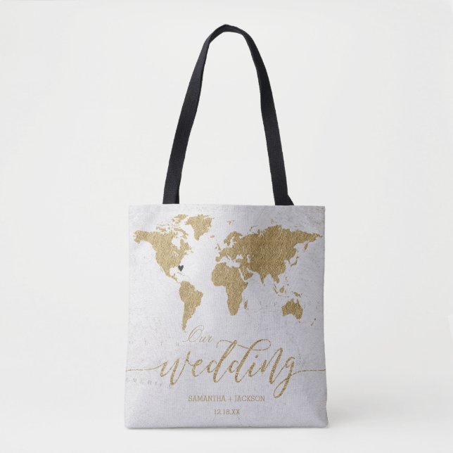 Gold Foil World Map Destination Wedding Monogram Tote Bag (Front)