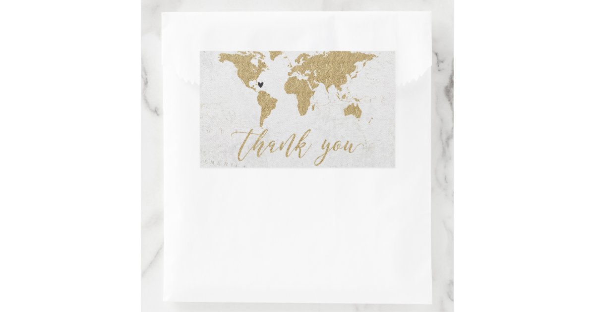 Gold Foil World Map Destination Wedding Thank You Rectangular Sticker ...