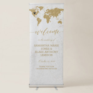 Gold Foil World Map Destination Wedding Welcome Retractable Banner