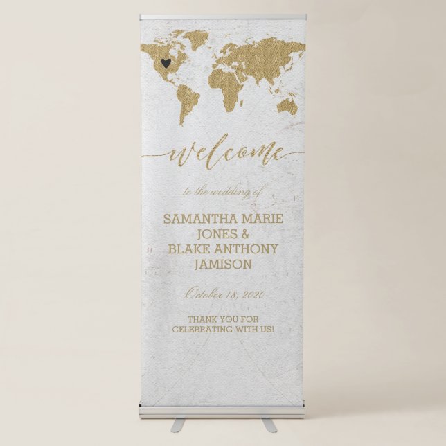 Gold Foil World Map Destination Wedding Welcome Retractable Banner (Front)
