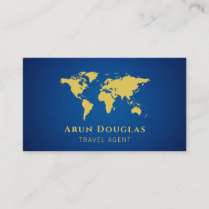 Gold Foil World Map Navy Blue Travel Agent  Business Card