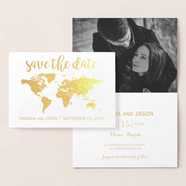 Gold foil world map save the date card (Display)