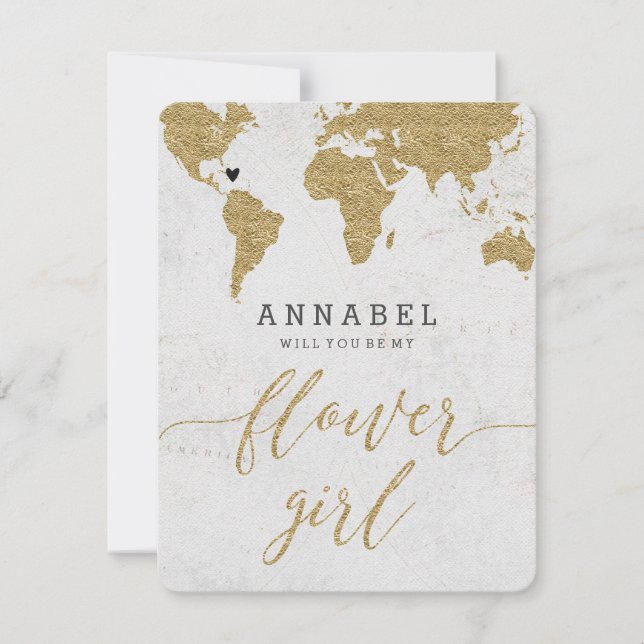 Gold Foil World Map Will You Be My Flower Girl Invitation (Front)