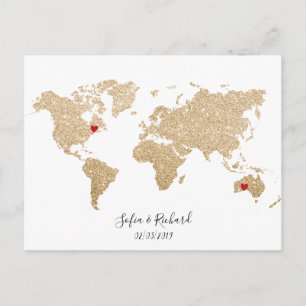 Gold Foil World Map with removable hearts couples Postcard