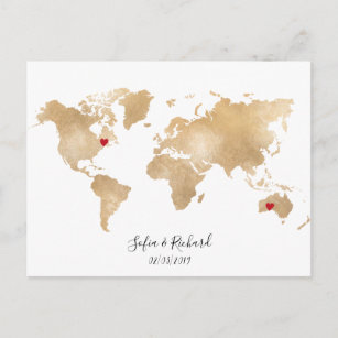 Gold Foil World Map with removable hearts couples Postcard