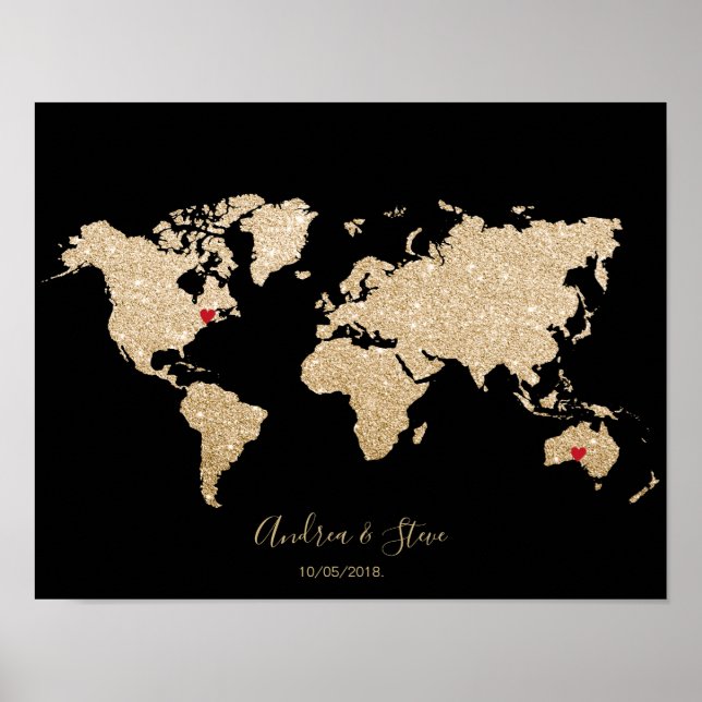 Gold Foil World Map with removable hearts couples Poster (Front)