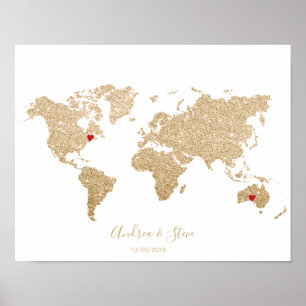 Gold Foil World Map with removable hearts couples Poster