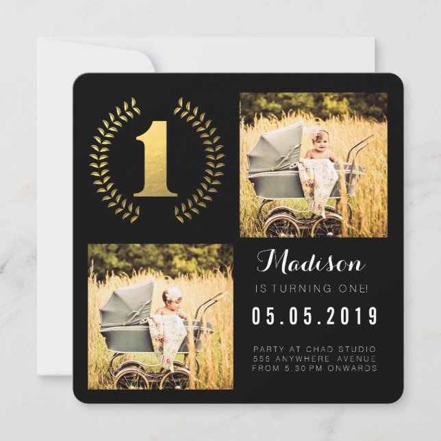 Gold Foil Wreath 1st Birthday Photo Cards (Front)