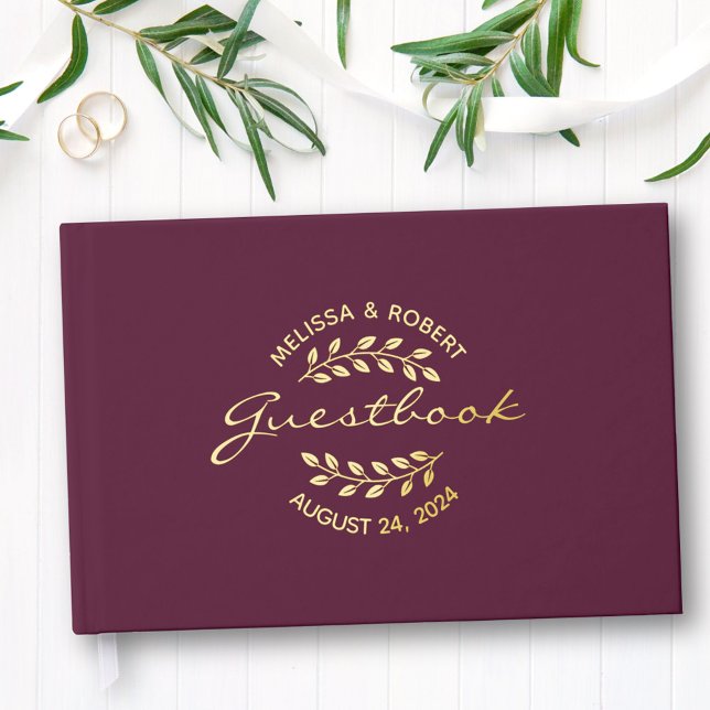Gold Foil Wreath on Burgundy Wedding Guest Book (Creator Uploaded)