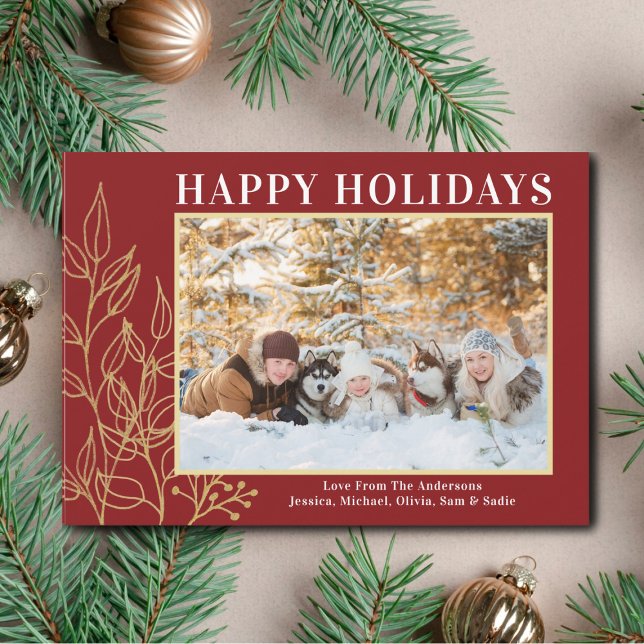 Gold Foliage Burgundy Photo Happy Holiday Card (Creator Uploaded)