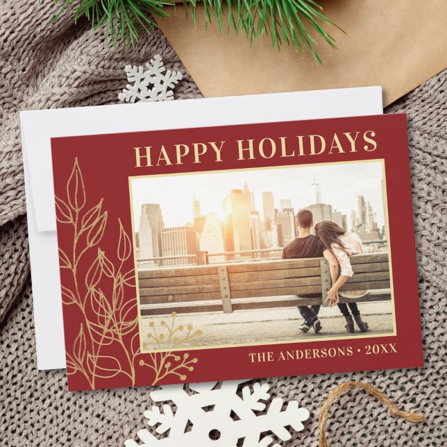 Gold Foliage Burgundy Photo Happy Holidays Holiday Card (Creator Uploaded)