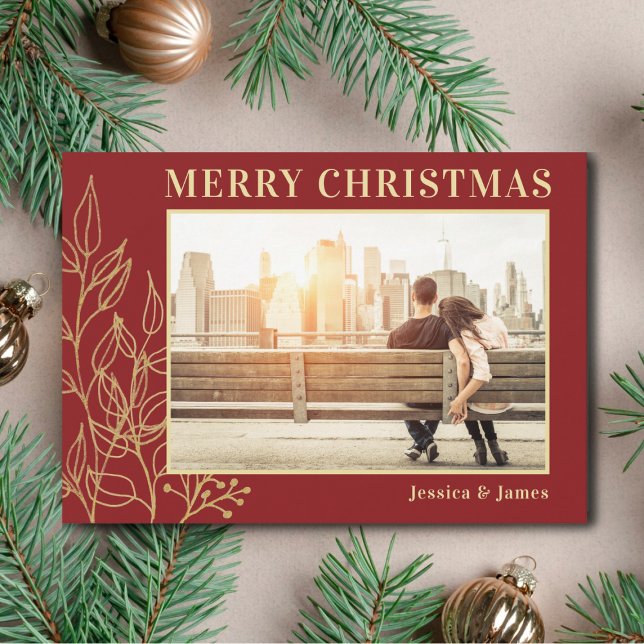 Gold Foliage Burgundy Photo Merry Christmas Holiday Card (Creator Uploaded)