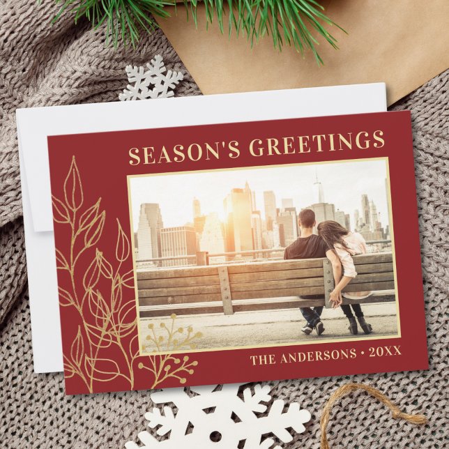 Gold Foliage Burgundy Photo Season's Greetings Holiday Card (Creator Uploaded)