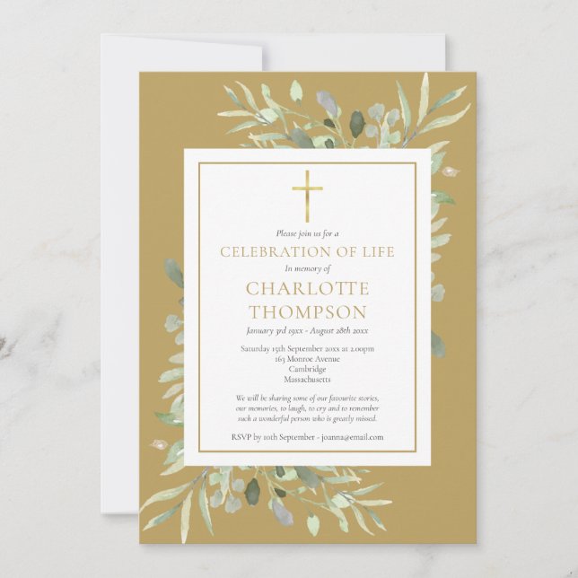 Gold Foliage Christian Celebration of Life Funeral Invitation (Front)