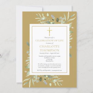 Gold Foliage Christian Celebration of Life Funeral Invitation