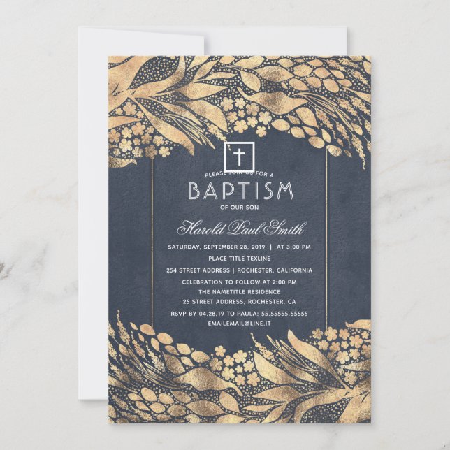 Gold Foliage Elegant Navy Blue Baptism Invitation (Front)