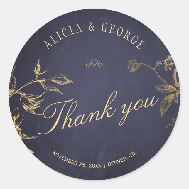 Gold foliage elegant navy thank you wedding classic round sticker (Front)