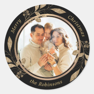 Gold Foliage Family Photo Black Christmas  Classic Round Sticker